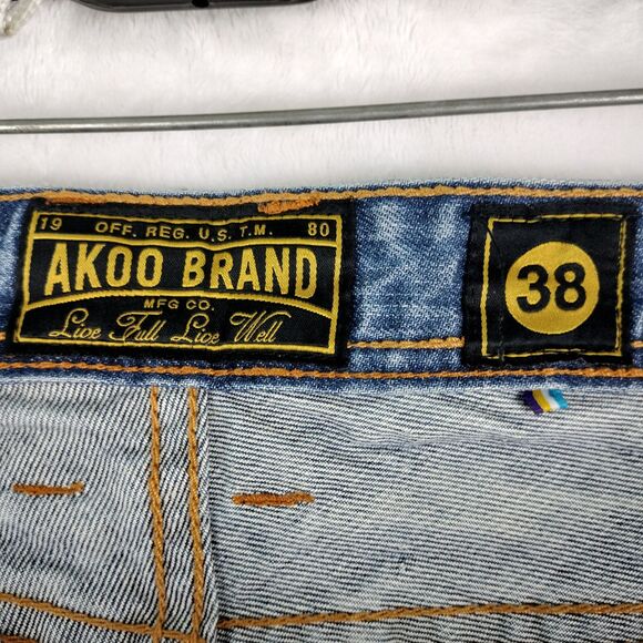 Akoo Jeans Mens Size 38x34 Blue Distressed Bleache Hip Hop Y2K Grunge Streetwear - Picture 14 of 16